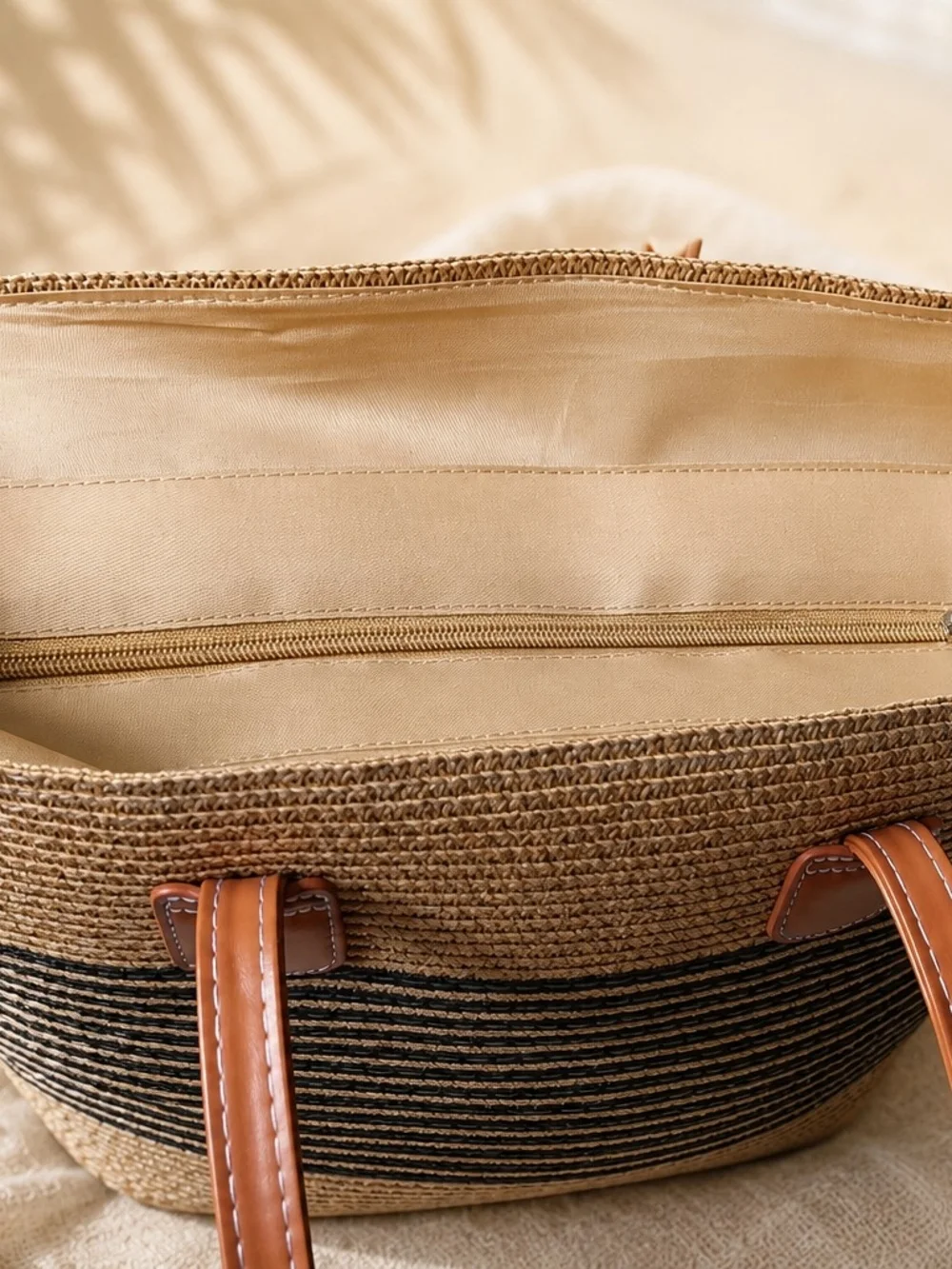 2- Piece Straw Beach Tote  & Hat with Black Stripe and Leather Handles